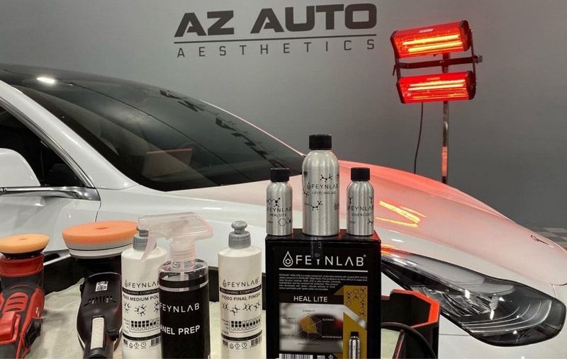 White Luxurious Car At Arizona Ceramic Coating with Products